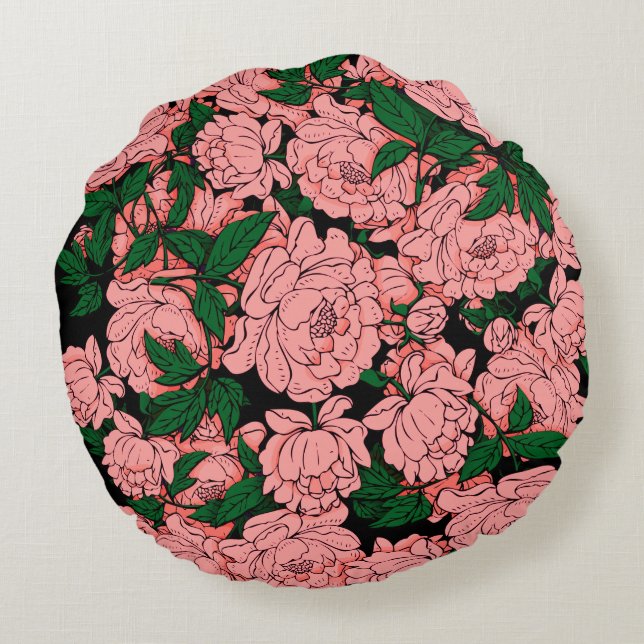 Pink Peonies Rundes Kissen (Rückseite)