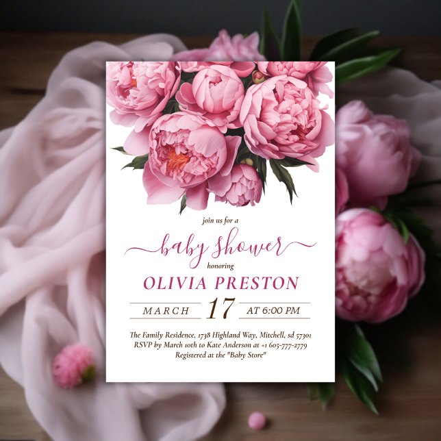 Pink Peonies Watercolor Babydusche Einladung (Pink Peonies Watercolor Baby Shower Invitation)