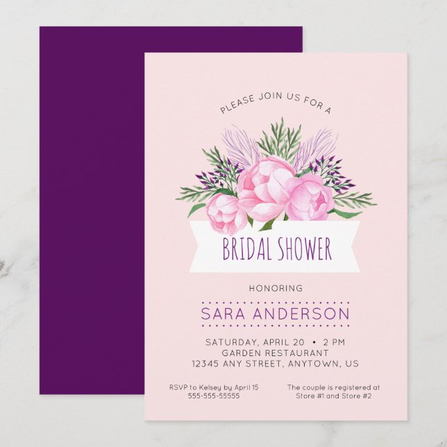 Pink Peonies Watercolor Brautparty Einladung (Vorne/Hinten)