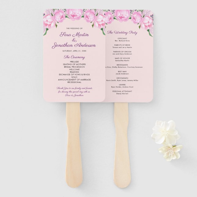 Pink Peonies Watercolor | Hochzeit Fächer (Vorne und Hinten)