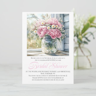 Pink Peonies White Daisies in Mason Jar Einladung