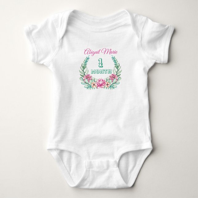 Pink Peonies Wreath mit Anzahl der Monate alt Baby Strampler (Vorderseite)