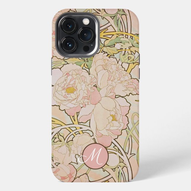 Pink Peony Alphonse Mucha Monogram iPhone 13 Pro Max Hülle (Rückseite)