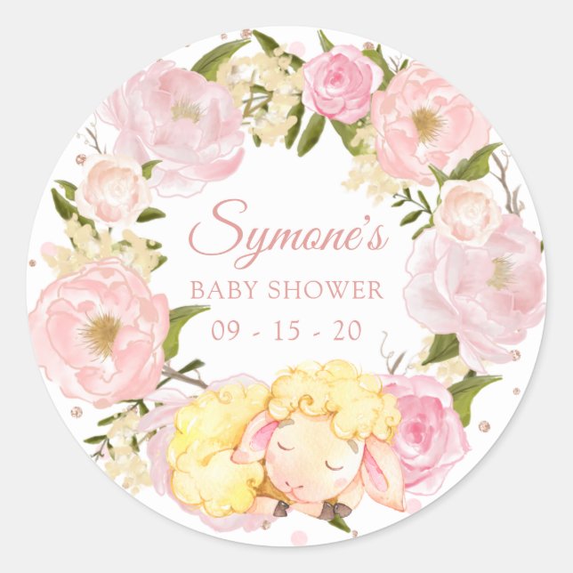 Pink Peony and Rose Gold Lamb Punkt Babydusche Runder Aufkleber (Vorderseite)