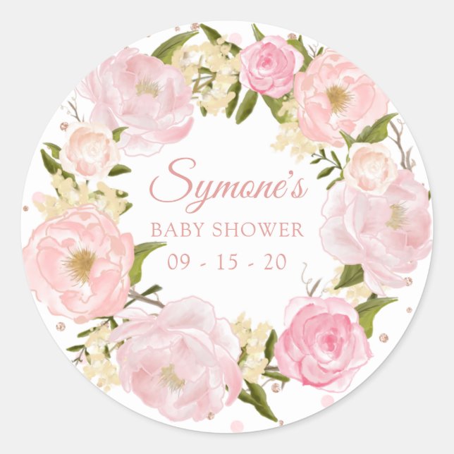Pink Peony and Rose Gold Punkt Kinderdusche Runder Aufkleber (Vorderseite)