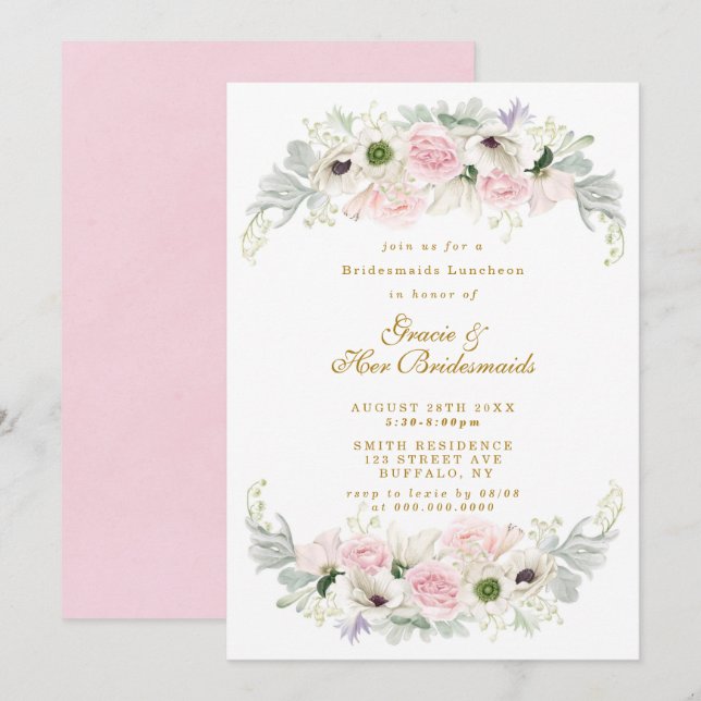 Pink Peony Anemone Bridesmaids Luncheon Einladung (Vorne/Hinten)