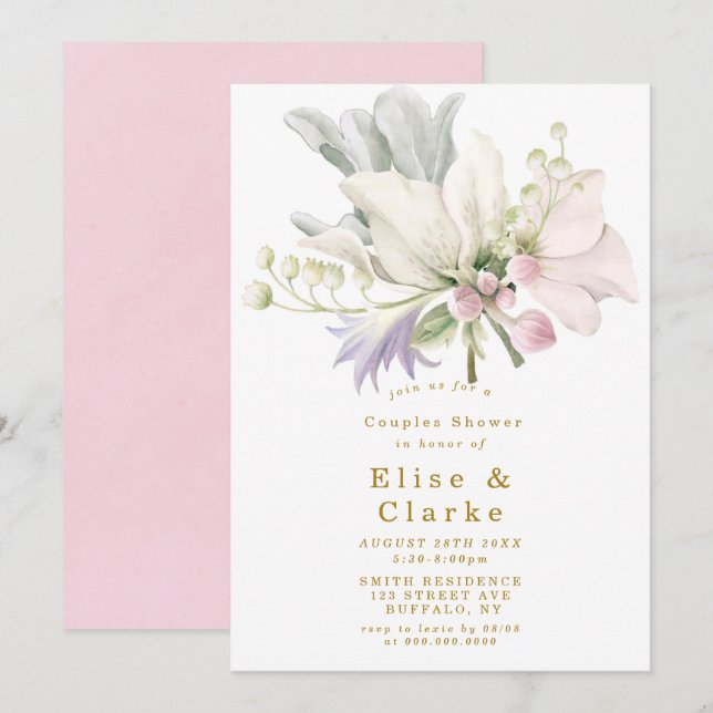 Pink Peony Anemone Gold Couples Invitation douche (Devant / Derrière)