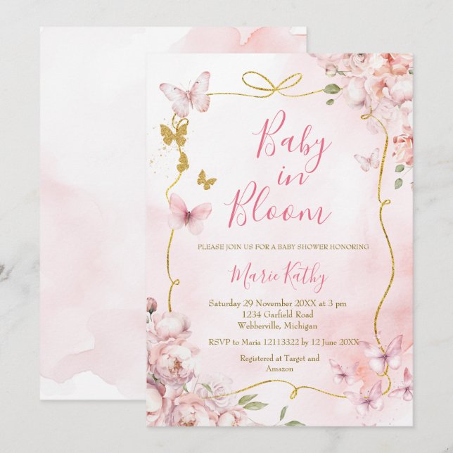 Pink Peony Baby in Bloom Butterfly Invitation (Devant / Derrière)