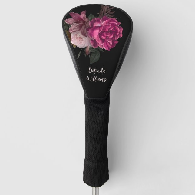 Pink Peony Black Monogram Golf Headcover (Vorderseite)