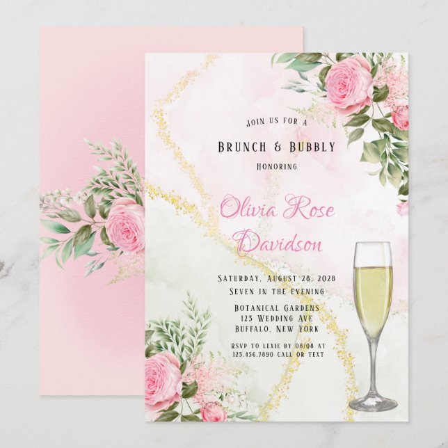 Pink Peony Bloom Alkohol Tinte Brunch & Bubbly Einladung (Vorne/Hinten)