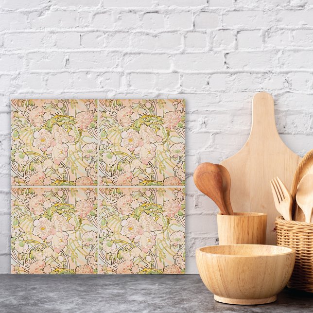 Pink Peony Blume Alphonse Mucha Fliese (Von Creator hochgeladen)