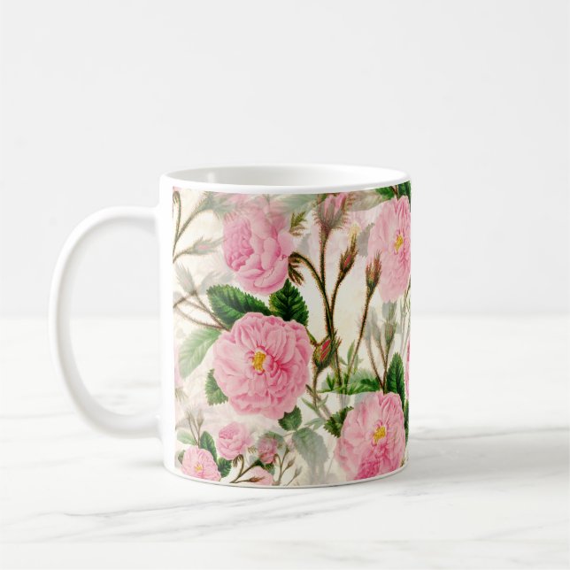 Pink Peony Blume, Blätter & Buds Muster Kaffeetasse (Links)
