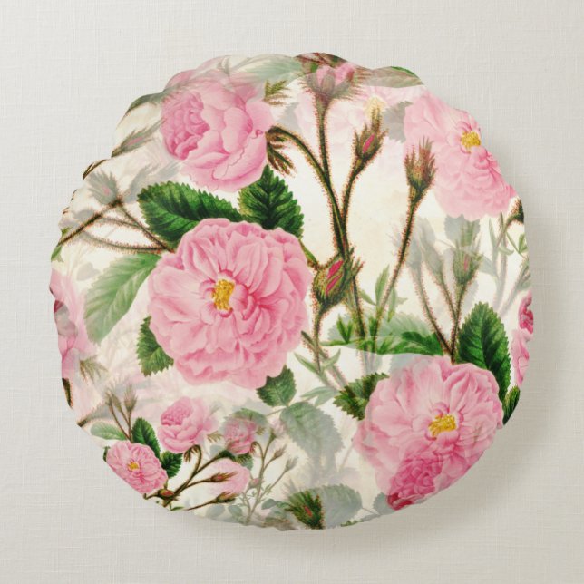 Pink Peony Blume, Blätter & Buds Muster Rundes Kissen (Vorderseite)