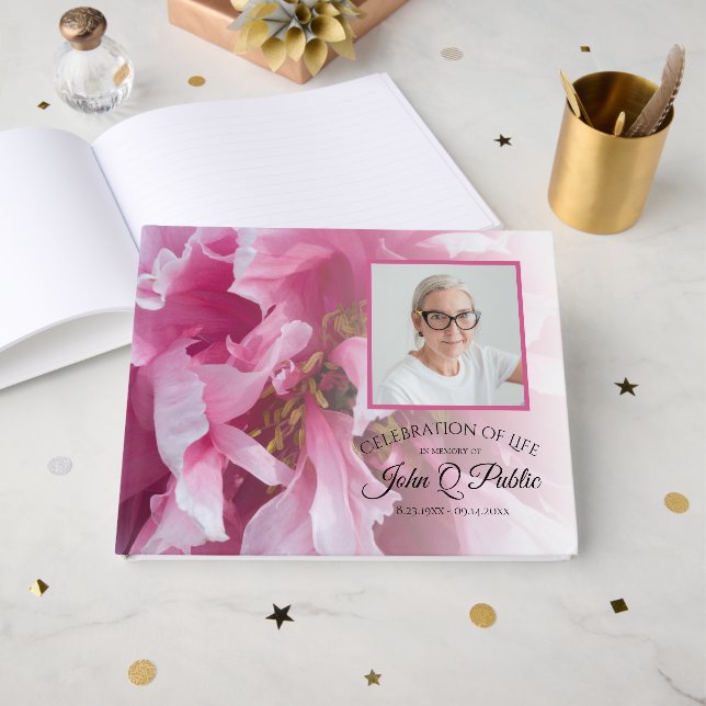 Pink Peony Blume Feier zum Leben Beerdigung Gästebuch (Vorderseite Offen)