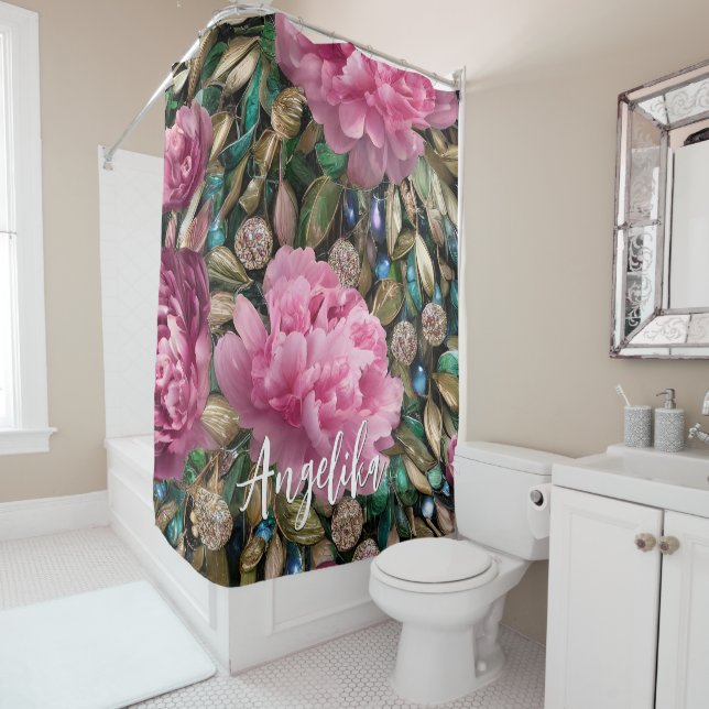 Pink Peony Blume Individuelle Name Duschvorhang (Beispiel)