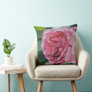 Pink Peony Blume mit grünen Blätter, Groß Kissen