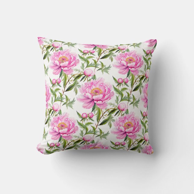 Pink Peony Blume mit Sage Green Blätter Kissen (Vorderseite)