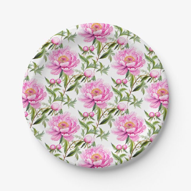 Pink Peony Blume mit Sage Green Blätter Pappteller (Vorderseite)