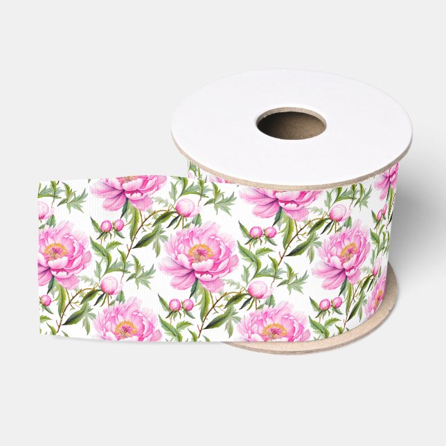 Pink Peony Blume mit Sage Green Blätter Ripsband (Spule)