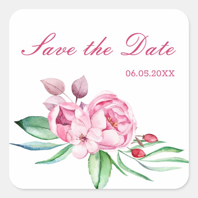 Pink PEONY Blume PERSONALISIERT Square Sticker (Vorderseite)