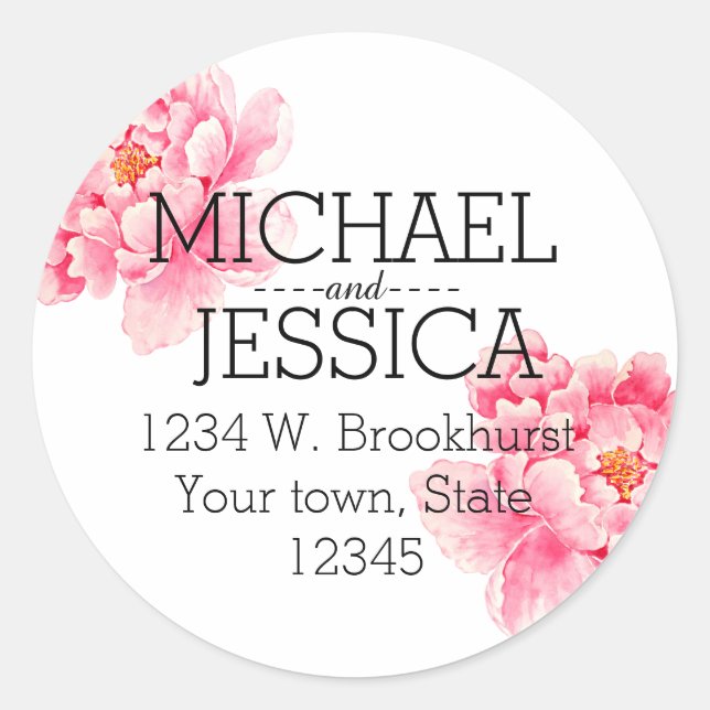 Pink Peony Blume Personalisierte Adresse Runder Aufkleber (Vorderseite)