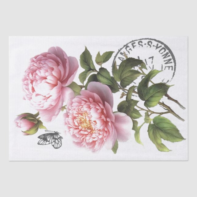 Pink Peony Blumen Butterfly Französisch Postmark C Seidenpapier (Vorderseite)