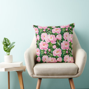 Pink Peony Blüten auf einem grünen Hintergrund Kissen
