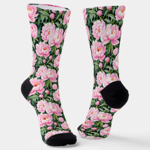 Pink Peony Blüten auf einem grünen Hintergrund Socken