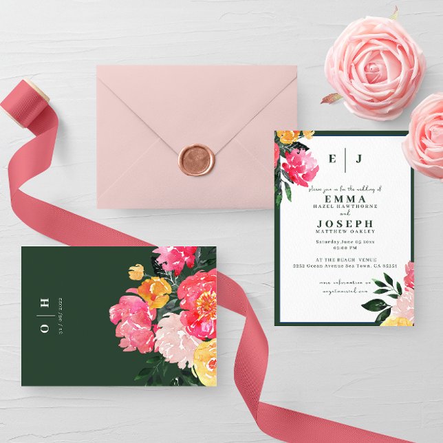 Pink Peony Boquet Floral auf grüner Hochzeit Einladung (Von Creator hochgeladen)