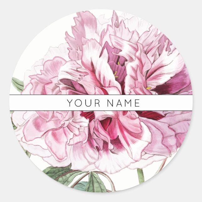 PINK PEONY CLASSIC ROUND INDIVIDUELLE NAME STICKER (Vorderseite)