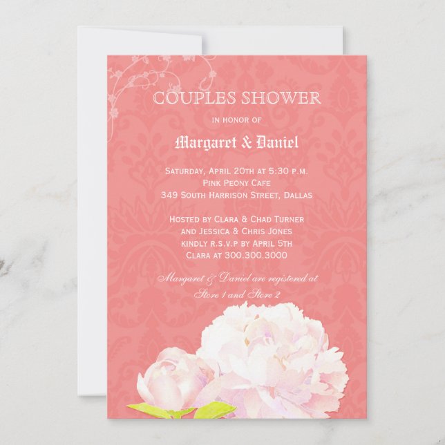 Pink Peony Coral Wedding Couples Dusche Einladung (Vorderseite)