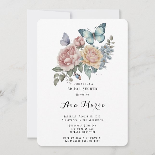 Pink Peony Dusty Blue Butterfly Brautparty Einladung (Vorderseite)