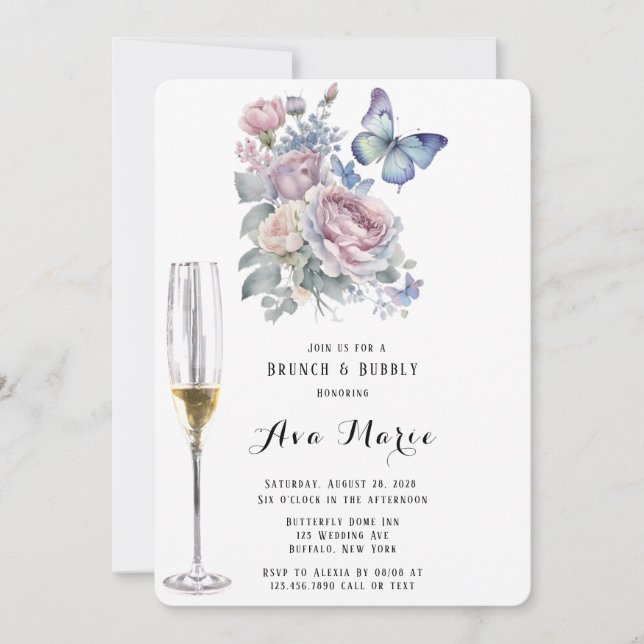 Pink Peony Dusty Blue Butterfly Brunch & Bubbly Einladung (Vorderseite)