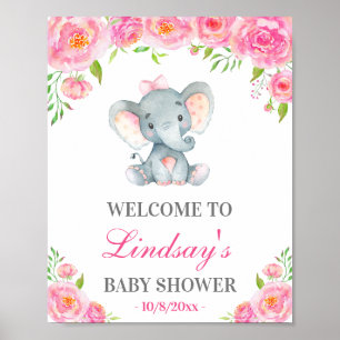 Pink Peony Elephant Girl Baby Dusche Begrüßungszei Poster