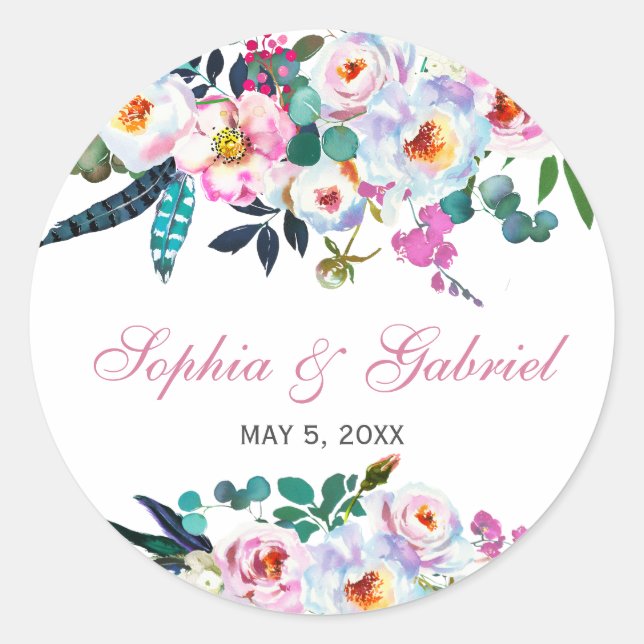 Pink Peony Eucalyptus Floral Wedcker Runder Aufkleber (Vorderseite)