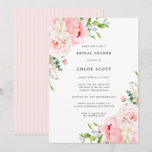 Pink Peony Floral Botanisches Brautparty Invitati Einladung (Vorne/Hinten)