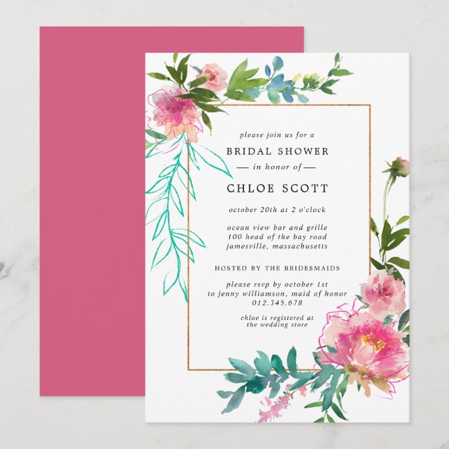 Pink Peony Floral Brautparty Einladung (Vorne/Hinten)