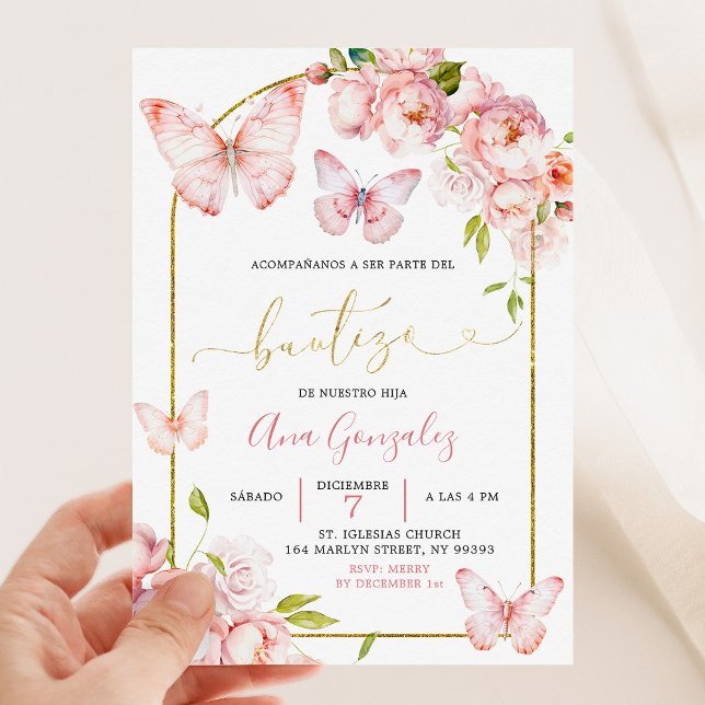 Pink Peony Floral Butterfly Girl Bautizo Einladung (Von Creator hochgeladen)