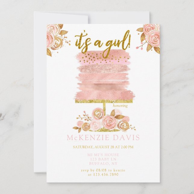 Pink Peony Floral Cake Girl Babydusche Einladung (Vorderseite)