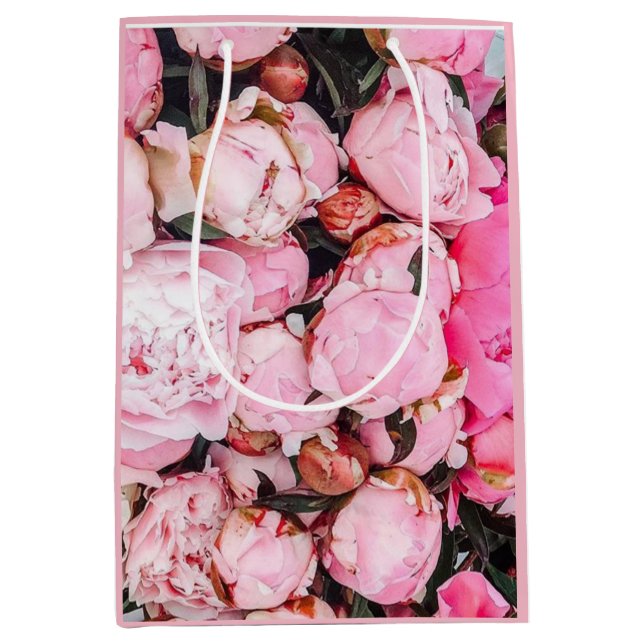 Pink Peony Floral Design Medium Geschenktasche Mittlere Geschenktüte (Vorderseite)