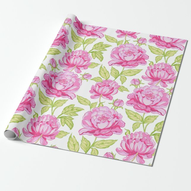 Pink Peony Floral Geschenkpapier (Ungerollt)