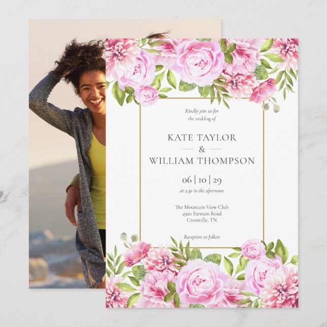 Pink Peony Floral Gold Geometric Foto Hochzeit Einladung (Vorne/Hinten)