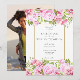 Pink Peony Floral Gold Geometric Foto Hochzeit Einladung