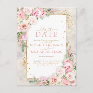 Pink Peony Floral Gold Script & Frame Delay Datum Postkarte