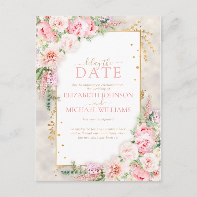 Pink Peony Floral Gold Script & Frame Delay Datum Postkarte (Vorderseite)