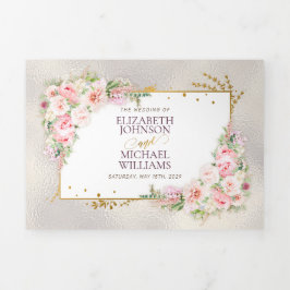 Pink Peony Floral Gold Script & Frame Dreifach Gefaltete Einladung