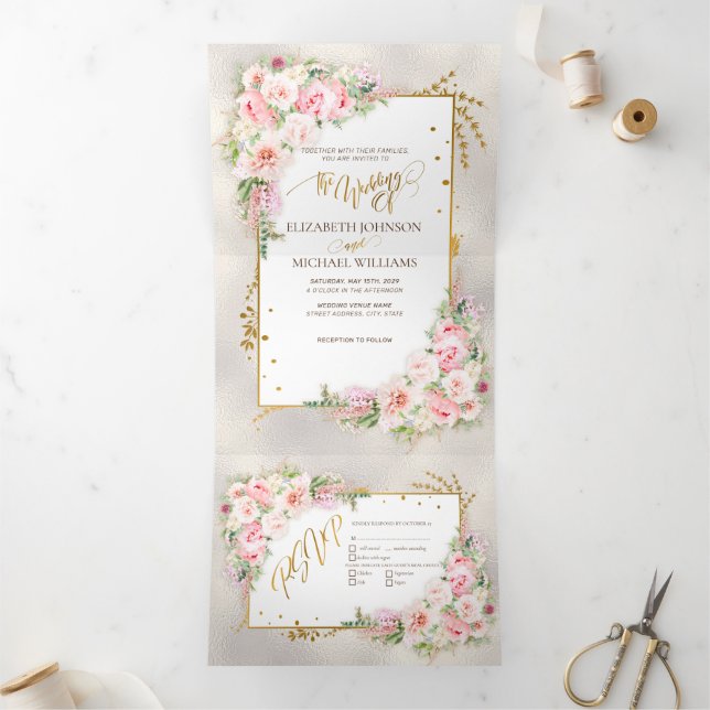 Pink Peony Floral Gold Script & Frame Dreifach Gefaltete Einladung (Innenseite)