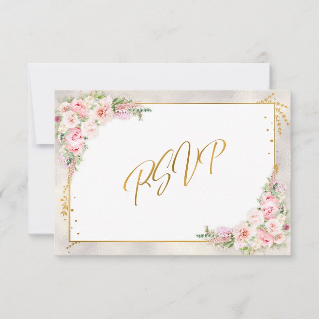 Pink Peony Floral Gold Script & Frame UAWG RSVP Karte (Vorderseite)