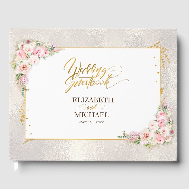 Pink Peony Floral Gold Script & Frame Wedding Gästebuch (Vorderseite)
