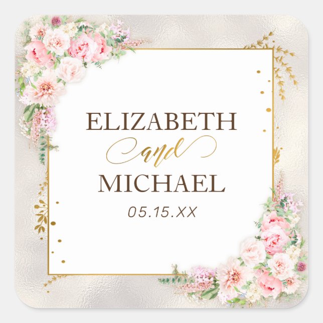 Pink Peony Floral Gold Script & Frame Wedding Quadratischer Aufkleber (Vorderseite)